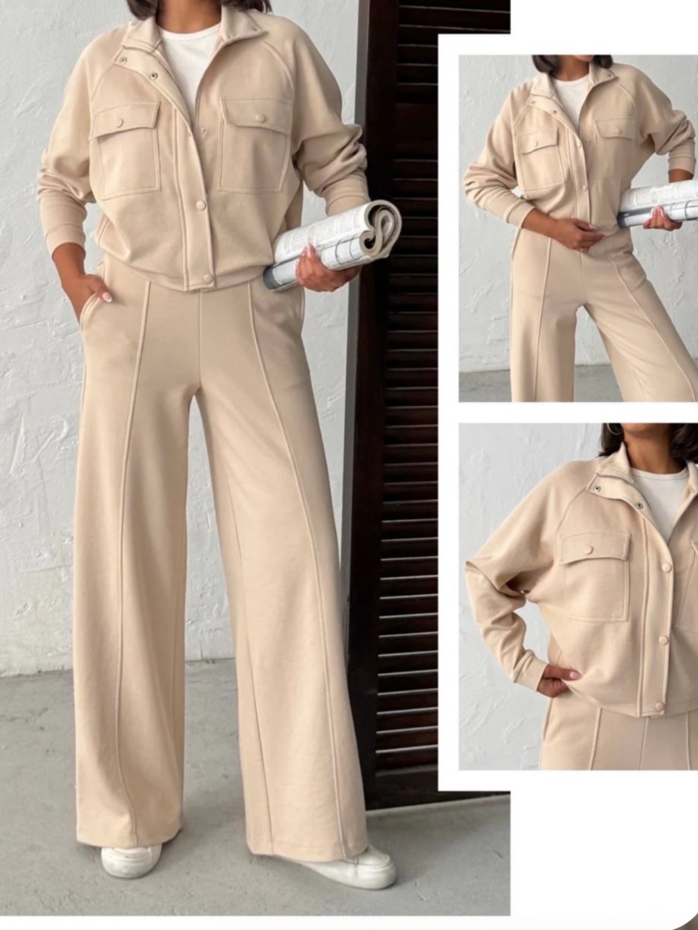 Wide-Leg High-Rise Pants in Beige Size Large